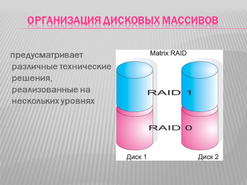 Организация дисковых массивов       предусматривает  различные технические решения,